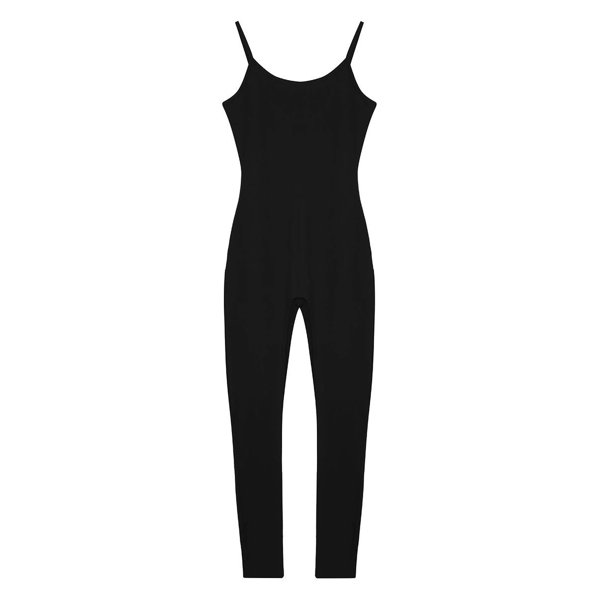 Women’s black one-piece spaghetti strapped stretchy jumpsuit, perfect for yoga, workouts, or layered winter wear.