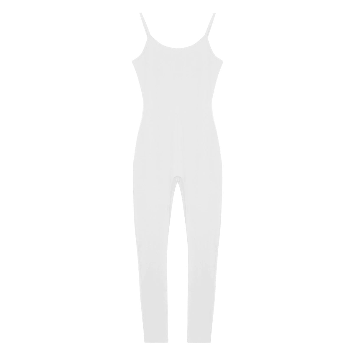 White women's one-piece spaghetti strapped stretchy jumpsuit for comfort and style in any season.