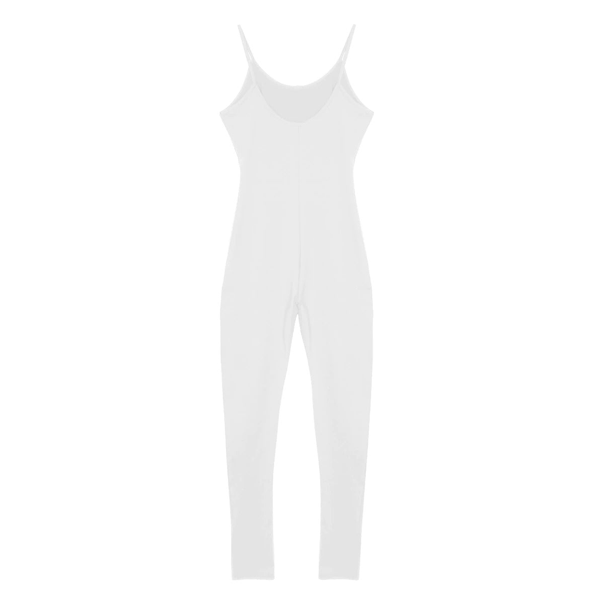 Women solid white spaghetti strap footless stretchy jumpsuit for comfort during workouts or layering in winter.