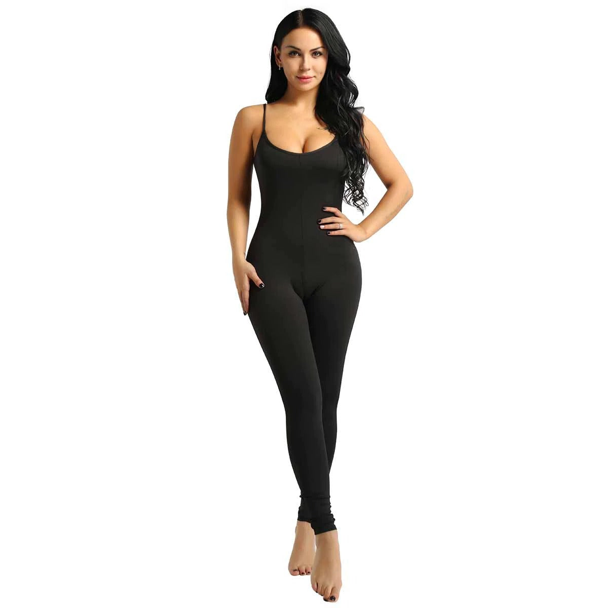 Women wearing a black one-piece spaghetti strapped stretchy jumpsuit, perfect for yoga or layering during winter.