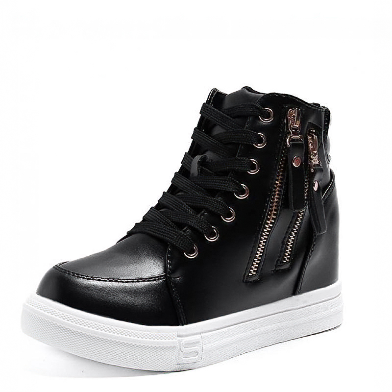 Stylish women's ankle boots with platform heel, side zipper, and laces for a trendy casual look.