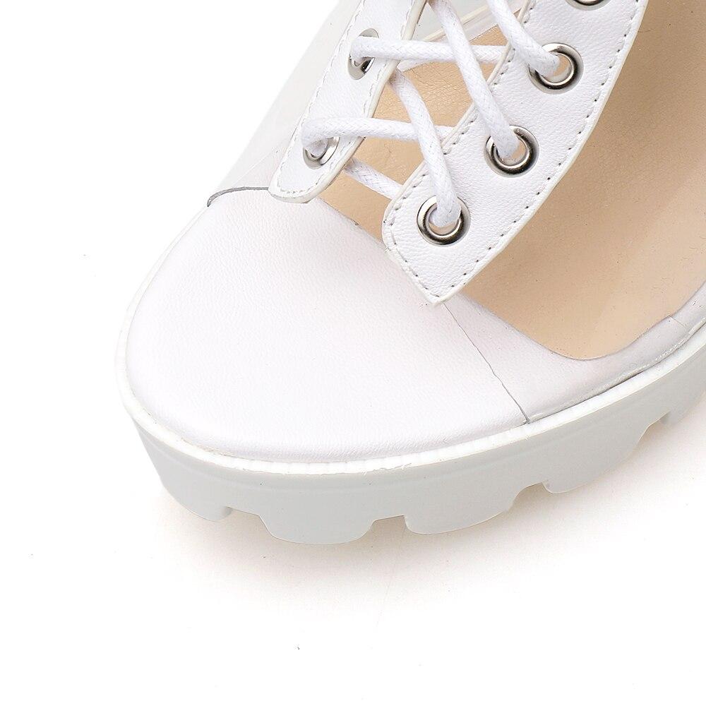 White peep toe transparent ankle pumps with lace-up design and platform sole, perfect for stylish outfits.