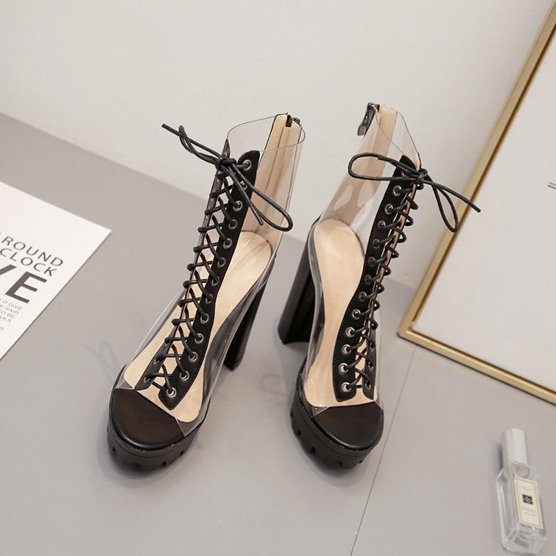 Stylish women's ankle pumps with transparent design, peep toe, and lace-up detail, perfect for trendy outfits.