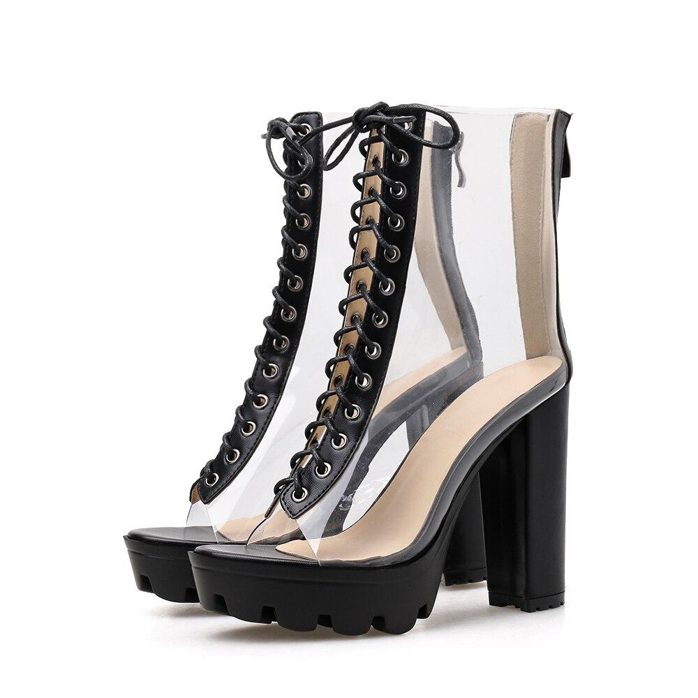 Stylish women ankle pumps, transparent design with peep toe, lace-up front, and high block heel.