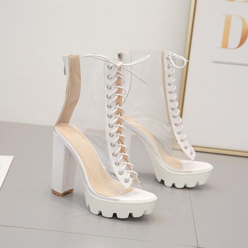 Chic women's transparent ankle pumps with cross tie and zip, perfect for trendy outfits and various styles.