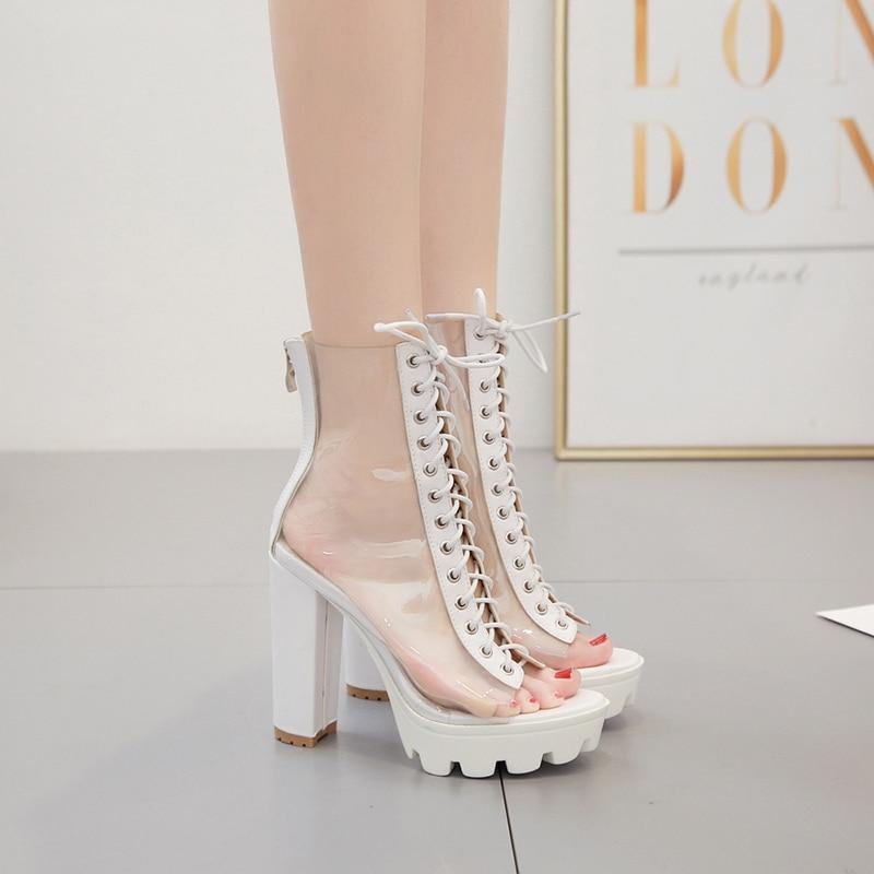Stylish women's ankle transparent pumps with peep toe and chunky heel, perfect for trendy outfits.