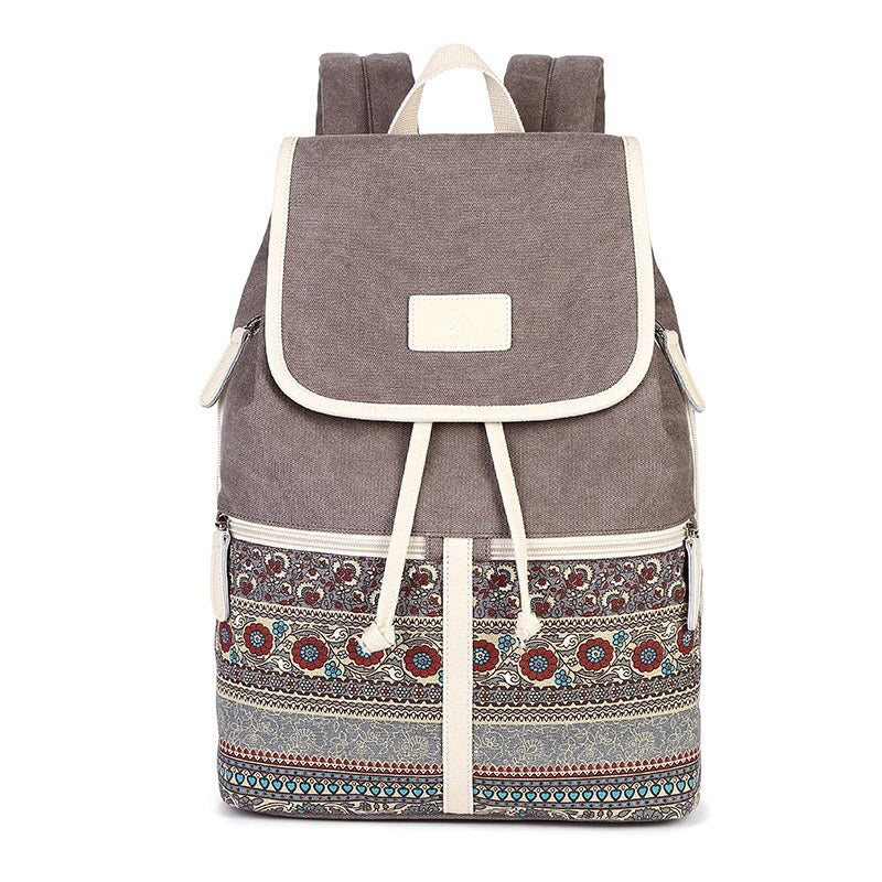 Stylish women backpack with national style printing, perfect for walks and excursions, featuring embroidered design and spacious interior.