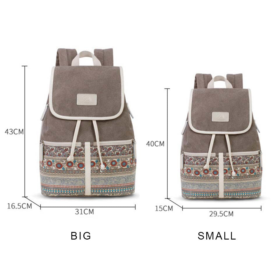 Women backpack sizes: big (43x31x16.5cm) and small (40x29.5x15cm), featuring national style printing design.
