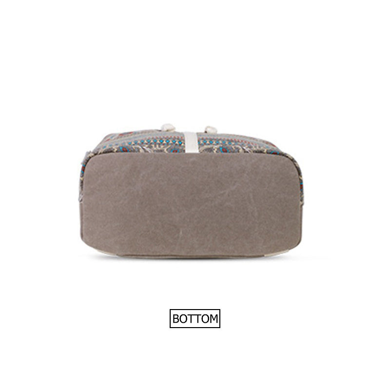 Bottom view of a stylish women's backpack featuring national style printing design, showcasing its sturdy base.