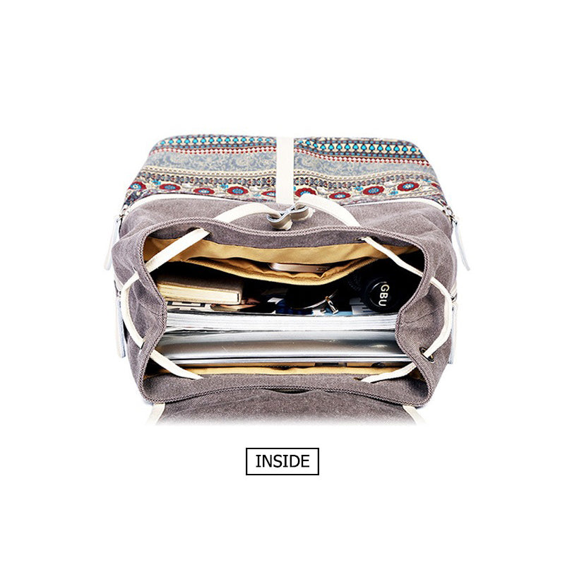 Inside view of a women backpack showcasing spacious compartments and national style design.