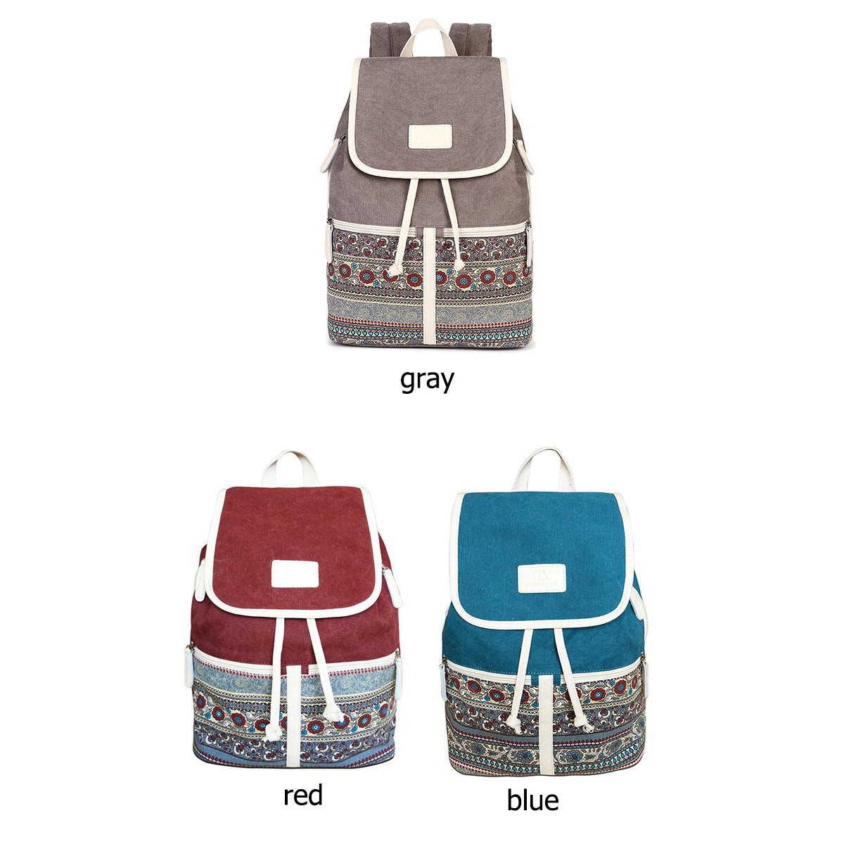 Women backpack with national style printing in gray, red, and blue colors, perfect for outings and excursions.