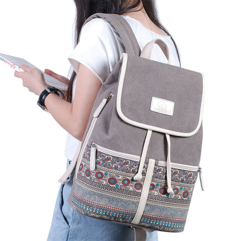 Stylish women backpack with national style printing, perfect for excursions and everyday use.