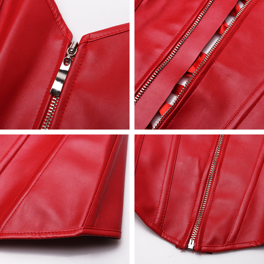 Close-up of red faux leather corset detail, featuring zippers and sleek design for a gothic aesthetic.