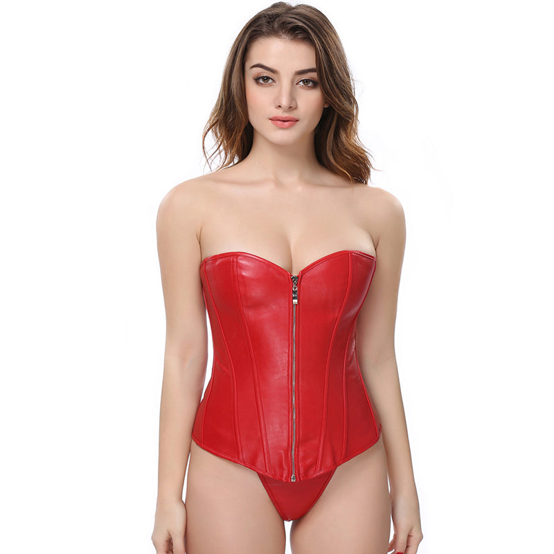 Red faux leather bustier corset with zip and matching G-string, perfect for gothic or fancy occasions.