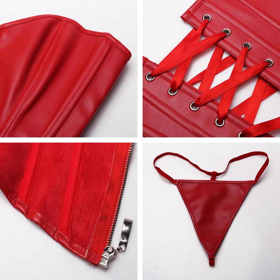 Close-up of red faux leather bustier with lacing, zipper detail, and matching G-string underwear.