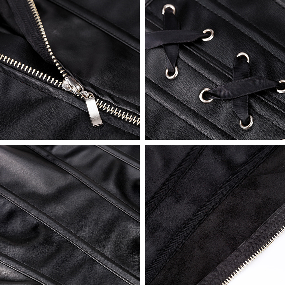 Close-up of black faux leather bustier corset featuring zipper, lacing, and smooth texture details.