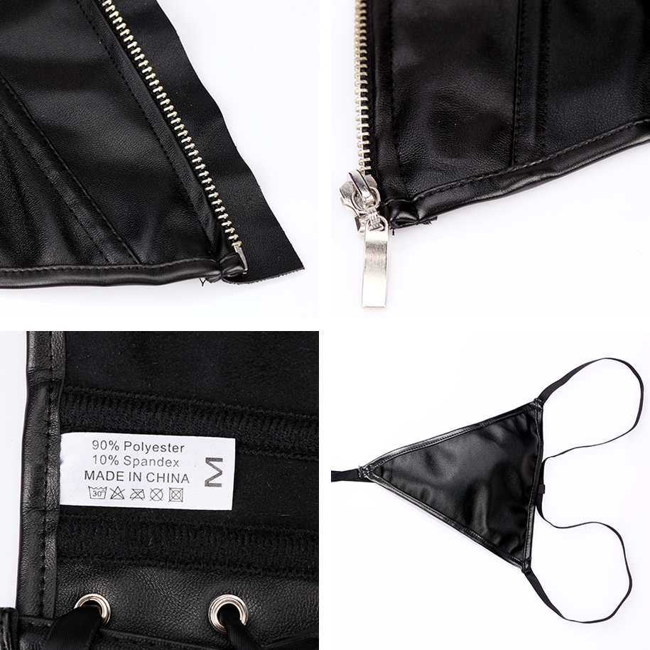 Close-up details of black faux leather corset with zipper, lace-up back, and included G-string, made of 90% polyester.