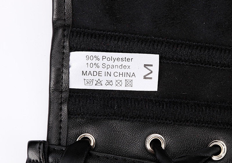Care label showing fabric composition of 90% polyester and 10% spandex for black faux leather bustier.