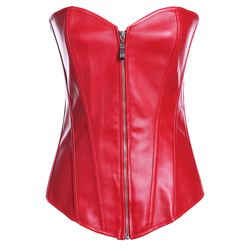 Red faux leather corset with front zipper and structured design, perfect for gothic or chic outfits.