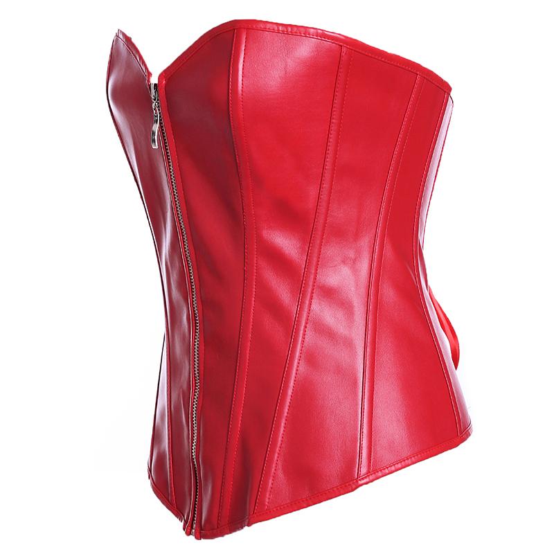 Red faux leather corset with side zipper and structured design for a gothic look. Perfect for bold fashion statements.