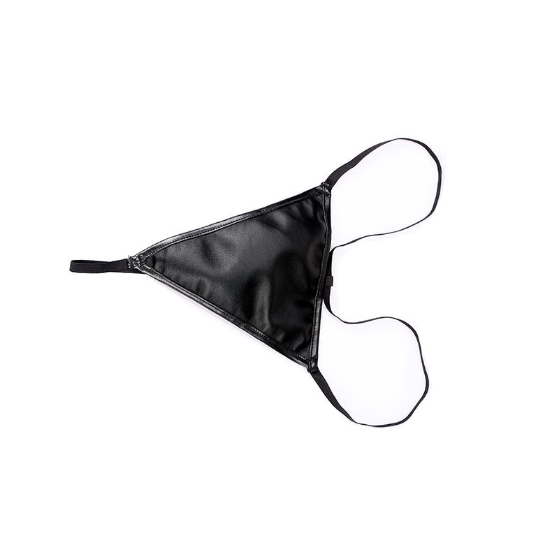 Black faux leather G-string featuring a unique design and adjustable straps for a comfortable fit.