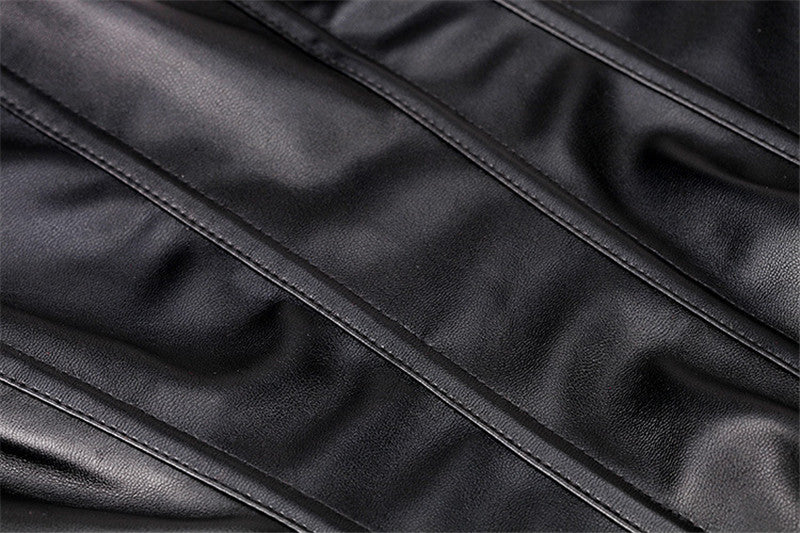 Close-up of sleek black faux leather fabric with stylish stitching for gothic bustier corset design.