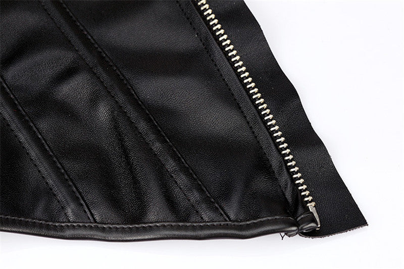 Women Black Faux Leather Bustier / Fancy Zipper Gothic Corset with G-String - HARD'N'HEAVY