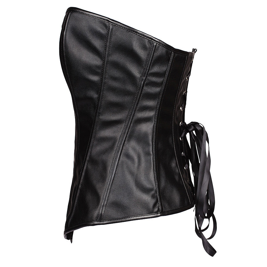 Women Black Faux Leather Bustier / Fancy Zipper Gothic Corset with G-String - HARD'N'HEAVY