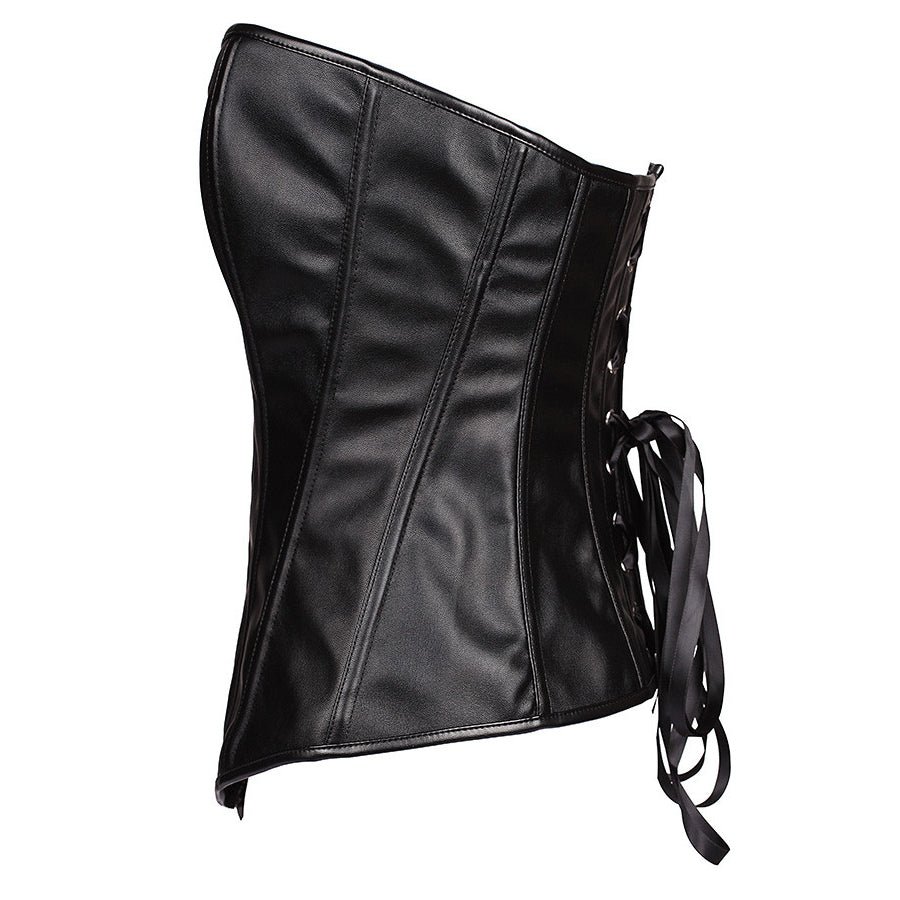 Black faux leather bustier corset with front zipper and lace-up back, perfect for gothic style and bold looks.