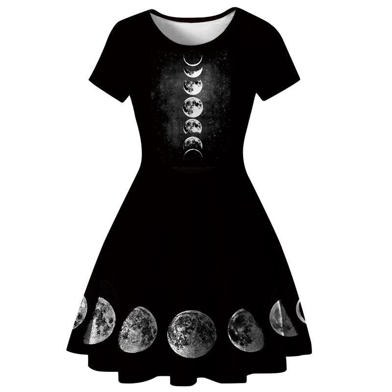 Women Black Gothic Dress with Moon Print / Dark Female Casual Dresses / Elegant Gothic Clothing Women Black Gothic Dress with Moon Print / Dark Female Casual Dresses / Elegant Gothic Clothing