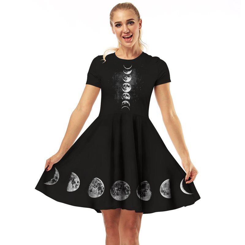 Women Black Gothic Dress with Moon Print / Dark Female Casual Dresses / Elegant Gothic Clothing
