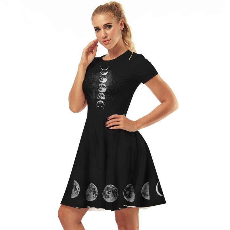 Women Black Gothic Dress with Moon Print / Dark Female Casual Dresses / Elegant Gothic Clothing - HARD'N'HEAVY