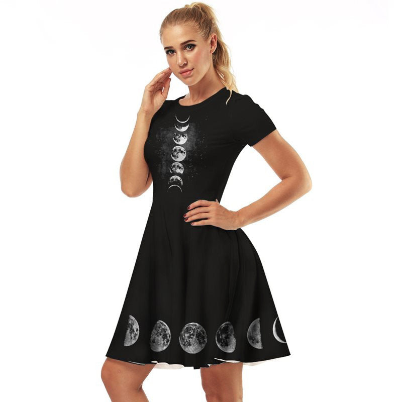 Elegant women black gothic dress featuring moon print, perfect for casual and dark fashion lovers.