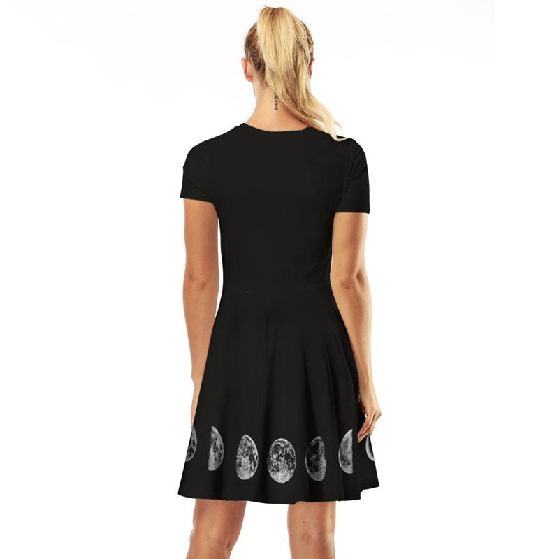 Elegant black gothic dress featuring a moon print, perfect for adding a mysterious flair to casual wear.