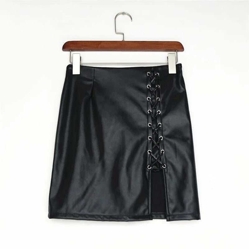 Women’s black faux leather skirt with high waist, lace-up detail, and side split, perfect for rock style outfits.