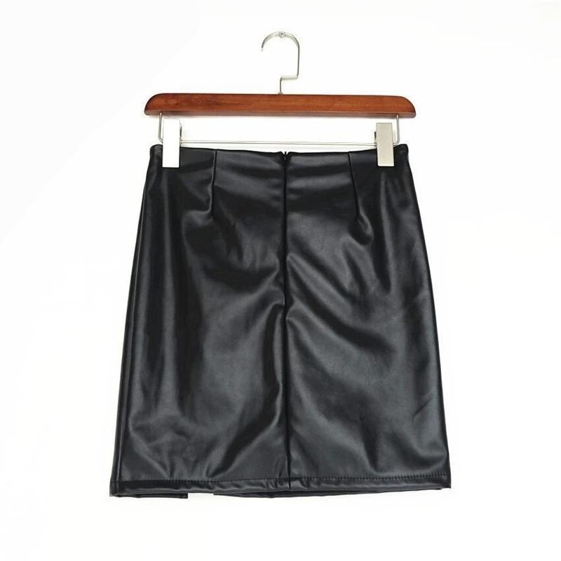 Women’s black faux leather skirt with a side zipper and sleek pencil design, perfect for rock-style outfits.