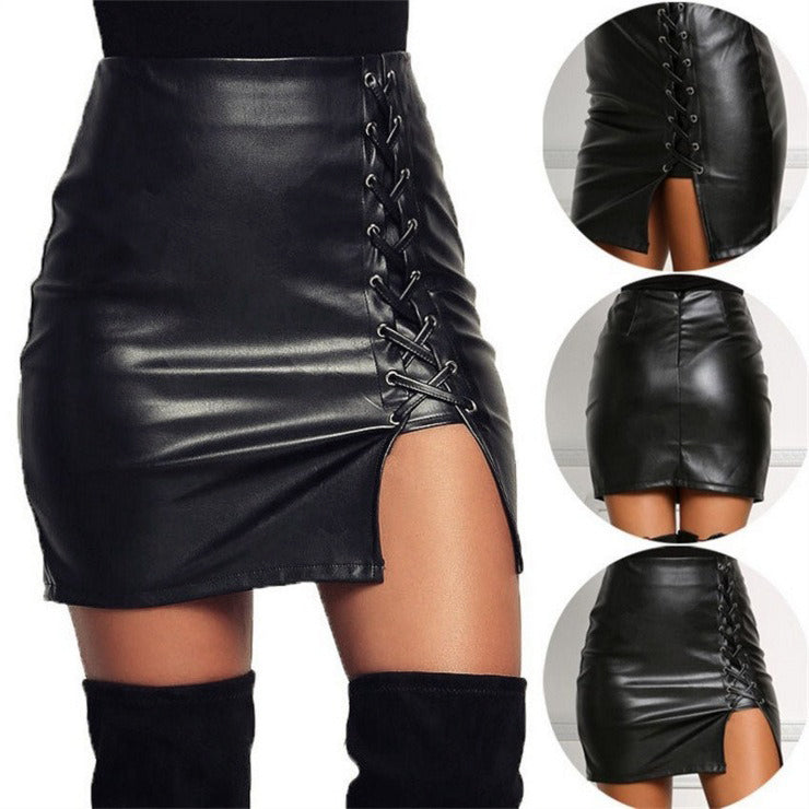 Women's black lace-up faux leather skirt with high waist and thigh cutout, perfect for rock style outfits.