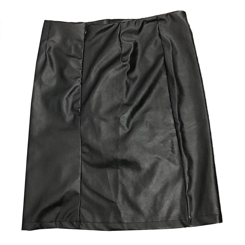 Stylish black faux leather skirt with a smooth finish, perfect for creating a chic rock-inspired outfit.