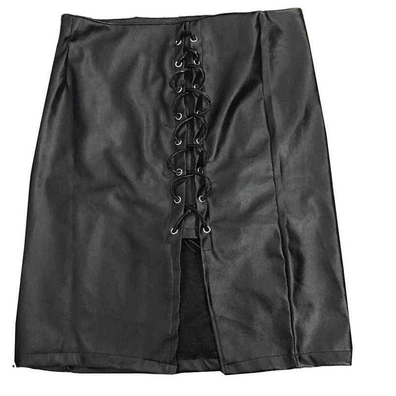 Women Black Rock Style Skirt with Side Split and Lace-Up Detail in Faux Leather.