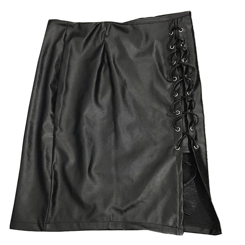 Women's black lace-up faux leather skirt with side split, perfect for rock style outfits.