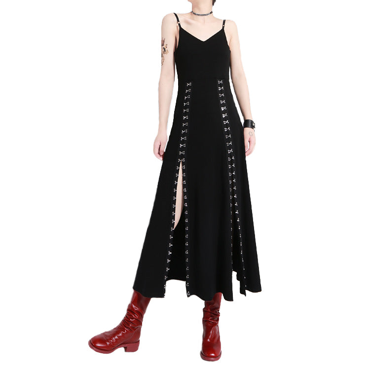 Women Black Vent Asymmetrical Long Spaghetti Strap Dress / Gothic Sleeveless Loose Fit Fashion Outfit - HARD'N'HEAVY