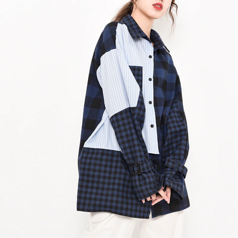 Women blue striped plaid split shirt with loose fit, perfect for grunge fashion and casual outings.