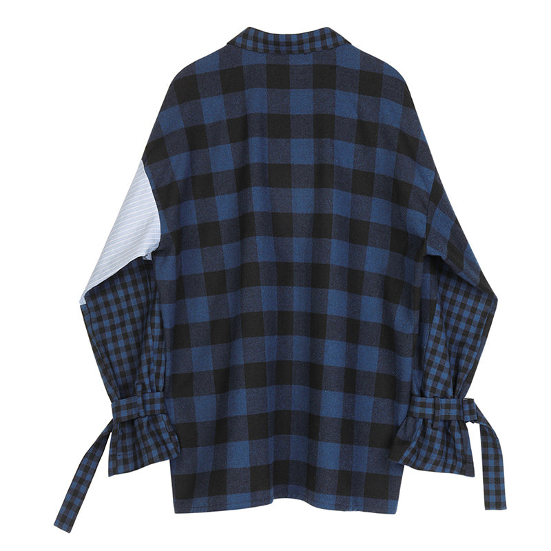 Women Blue Striped Plaid Split Big Size Shirt / Lapel Long Sleeve Loose Fit Top / Grunge Fashion - HARD'N'HEAVY