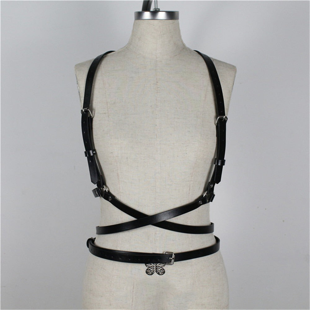 Gothic sexy body harness for women in adjustable imitation leather, featuring a stylish butterfly buckle detail.