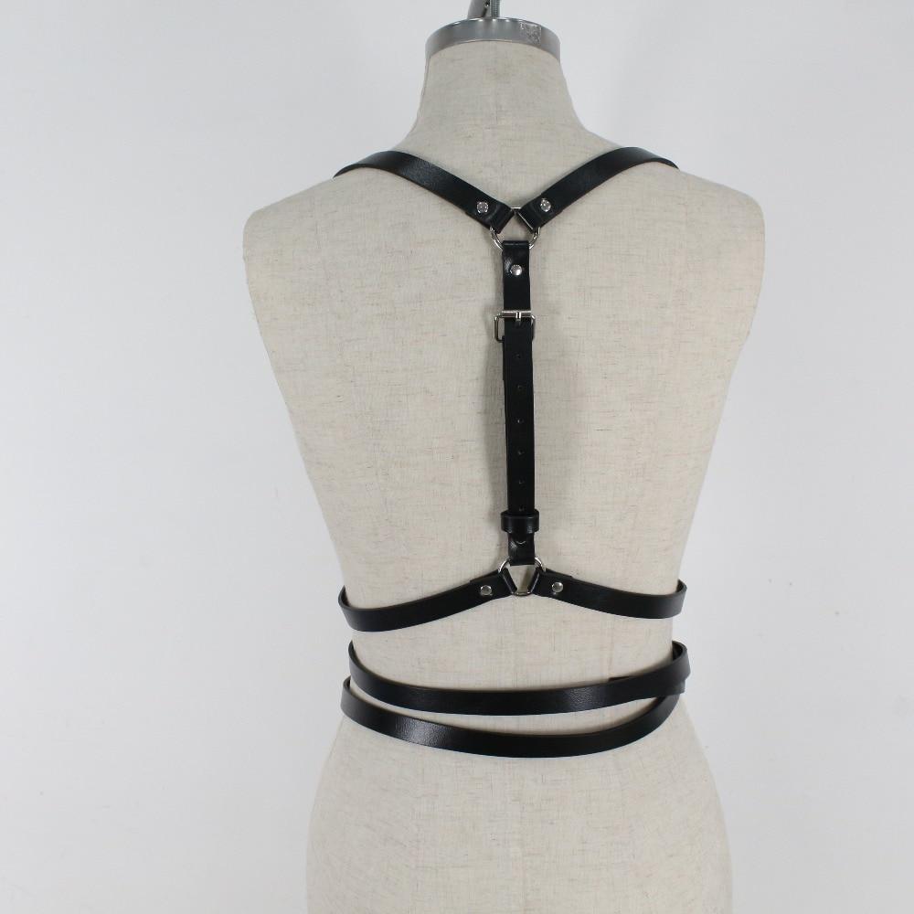 Adjustable gothic black body harness for women, showcasing a stylish back view with imitation leather straps.