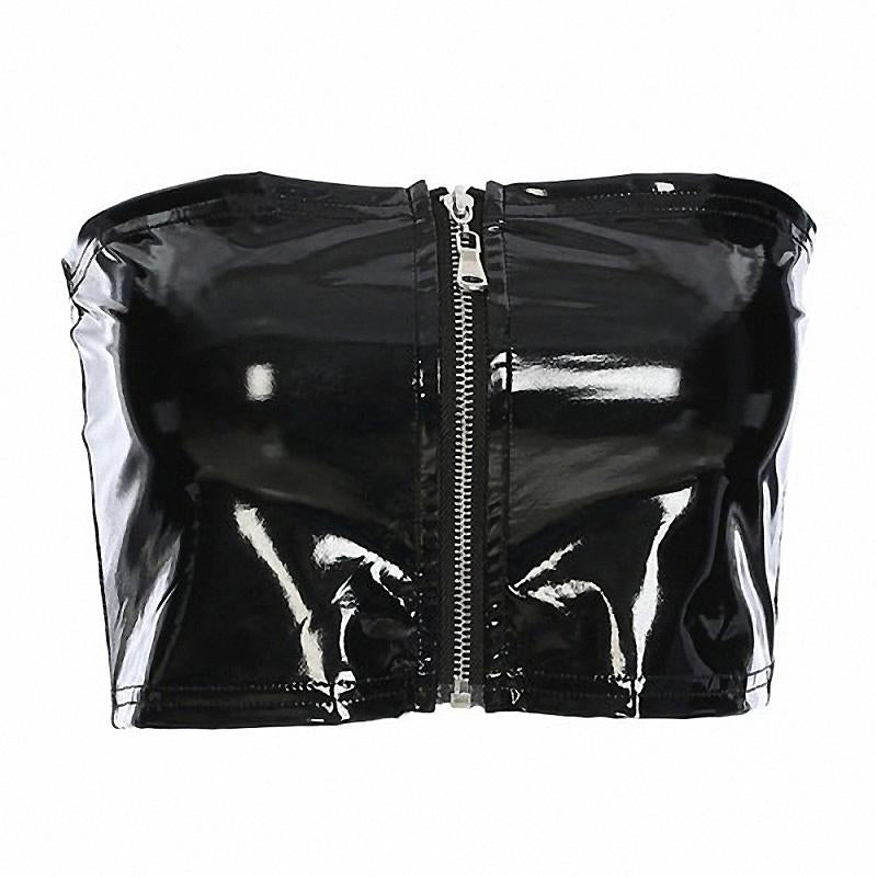 Stylish women's black strapless crop top with front zipper, perfect for aesthetic outfits and rock chic styles.