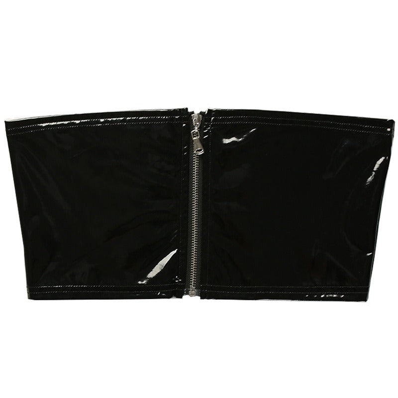 Sexy black zipper front bralette crop top made of stretchy synthetic leather for women's aesthetic outfits.