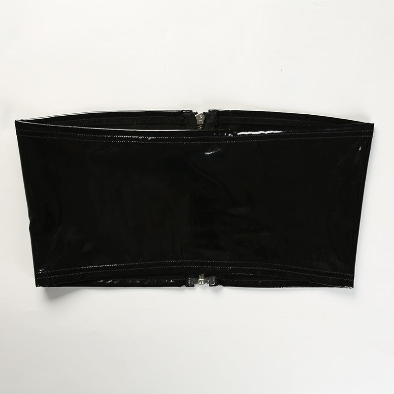 Black synthetic leather bralette crop top with front zipper, perfect for stylish women's aesthetic outfits.