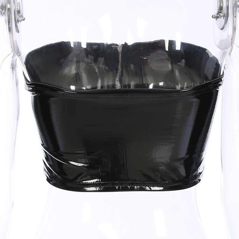Black strapless bralette crop top with front zipper detail, perfect for aesthetic outfits and chic summer styling.