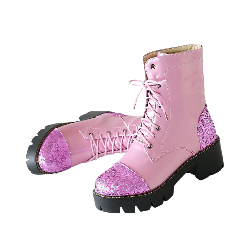 Trendy women's pink ankle boots with glittery inserts and thick heels, perfect for stylish casual outfits.